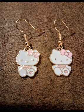 Hello Kitty White and Pink Enamel Charm Dangle Earrings